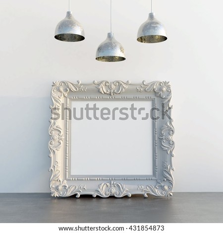 Mock baroque picture frame on the floor, interior background. Royalty-Free Stock Photo #431854873