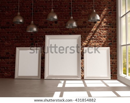 Mock-up pictures frames on the floor,brick wall, interior background Royalty-Free Stock Photo #431854882
