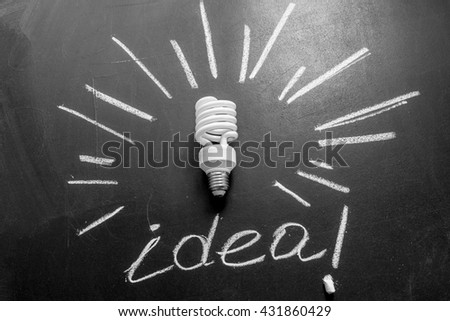 Light bulb with rays written by white chalk on the black chalkboard,  light bulb idea , business idea , business concept ,Innovation concept