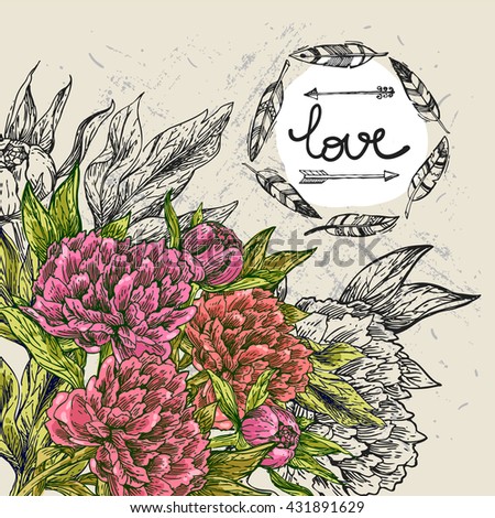 Beautiful hand drawn illustration boho flowers. Flowers for boho-style  wedding invitations. Decorative floral illustration with flowers of peonies.