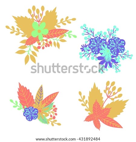 Vector set with different elements of cute bright flowers
