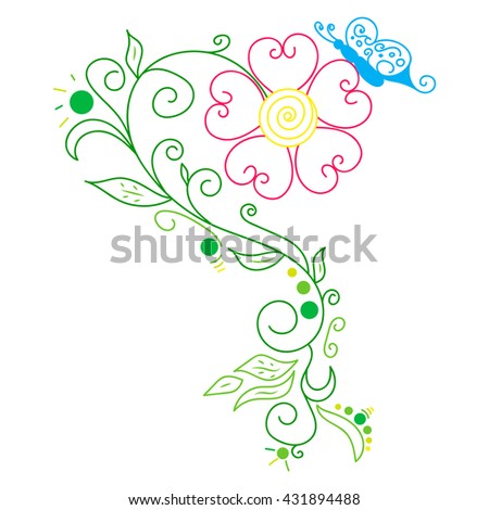 Doodle vector color abstract daisy and butterfly
