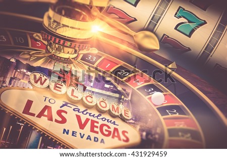 Las Vegas Gambling Concept. Roulette, Slot Machine and Las Vegas Welcoming Strip Sign. Playing in a Casino Conceptual Illustration. Royalty-Free Stock Photo #431929459