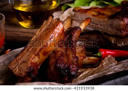 Delicious Barbecued Ribs. Homemade Grilled Pork Ribs.
