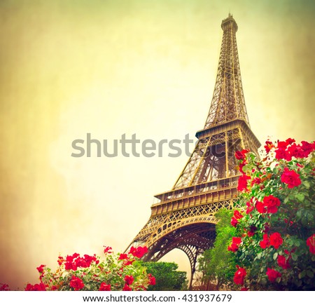Paris. Eiffel Tower at sunrise, Paris, France. Beautiful Romantic background. Eiffel Tower from Champ de Mars, Paris. Vintage styled art design