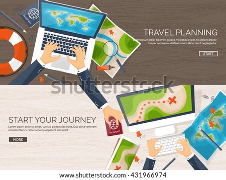 Travel,tourism vector illustration in a flat style.World travel banner.Summer holidays, vacation.Travel around the world.Journey,trip plan.Tourists tips.International tourism.World map,camera,laptop