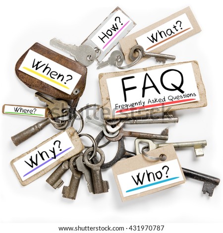 Photo of key bunch and paper tags with FAQ conceptual words