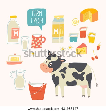 Fresh milk set. Dairy products - milk, yogurt, cheese, butter, milkshake. Vector illustration, isolated on white. Vector hand drawn eps 10 clip art illustration isolated on white background.