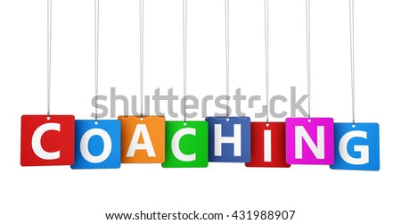 Coaching lifestyle and business concept with coaching sign and word on colorful paper tags 3D illustration isolated on white background.