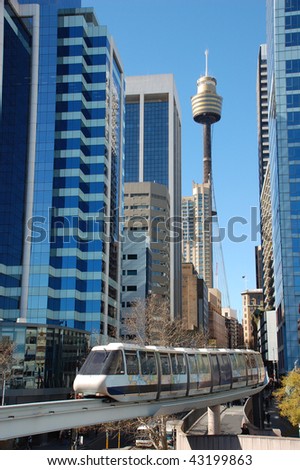 Sydney mono rail downtown with Sydney Tower and skyscrapers in the background