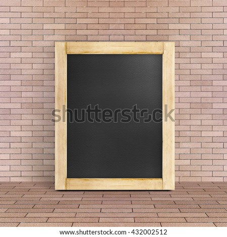 Empty Blackboard leaning at red brick floor and wall, Template mock up for adding your design and content