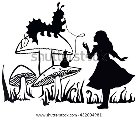 Alice in Wonderland ink sketch. Alice speaking with the smoking caterpillar: Alice's Adventures in Wonderland. 