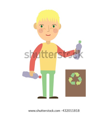 Kid throwing plastic bottles into a recycling bin. illustration.