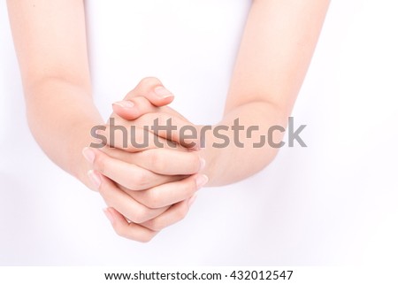 finger hand symbols isolated concept join two cupped hands and May god bless you on white background
