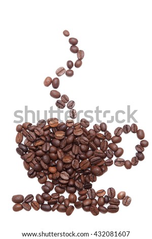Coffe seeds make shape like a cup on white background