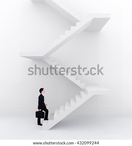 Business man stepping up on white stairs