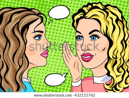 Retro pop art two girls whispering secret, gossiping friends concept in comics sketch style. Blonde and brunette women talking.