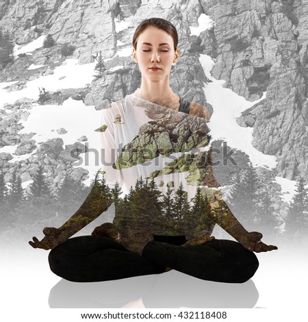 Double exposure of woman meditating
