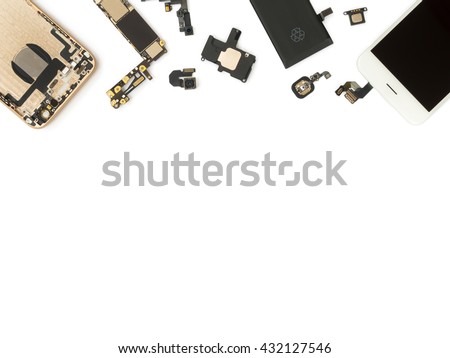 Flat Lay (Top view) of smart phone components isolate on white background with copy space Royalty-Free Stock Photo #432127546