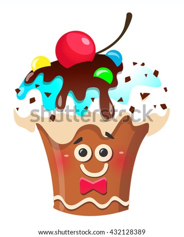Handmade cute cartoon cup cake character with cherry. Illustration, clip-art, isolated on white background