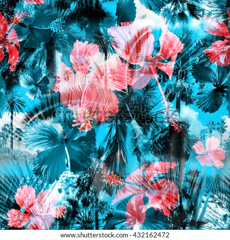 Beautiful palm trees and tropical flowers hibiscus seamless pattern. Colorful floral background. Clip art - photo collage - great artistic work for floral design. With layered effects.