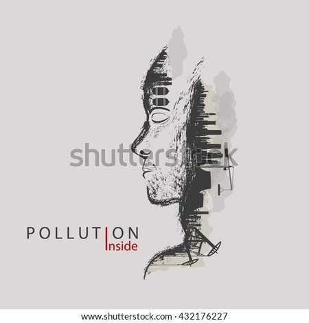 artistic concept of environmental pollution by factories against nature