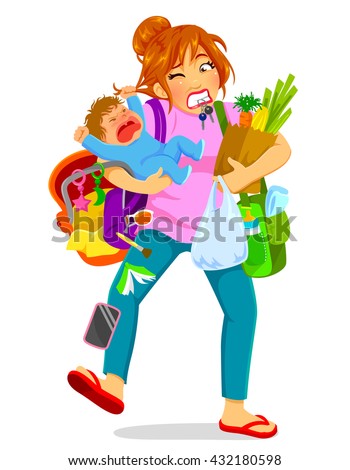 stressed woman carrying a crying baby and a lot of luggage