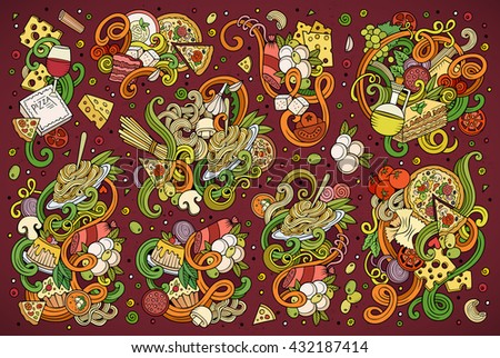 Colorful vector hand drawn doodle cartoon set of italian food objects and symbols