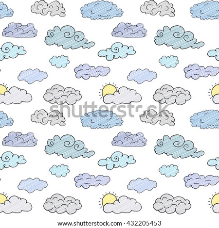 Hand drawn Doodle set of different Clouds, sketch Collection  illustration isolated on white.