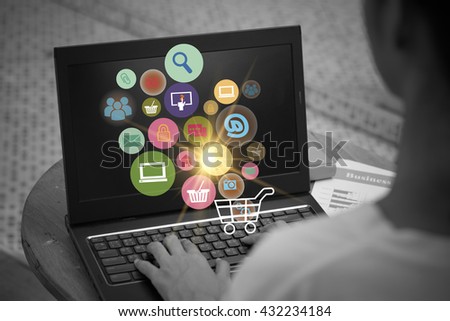 Young woman are using shopping cart with application software icons as business shopping online concept , black and white background image