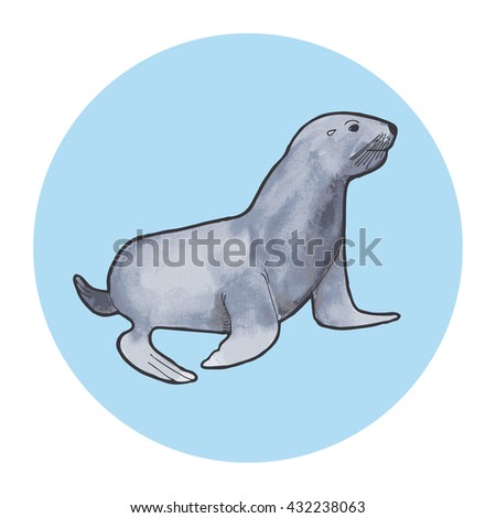 Fur seal. Outline with watercolor background. Vector illustration. 
