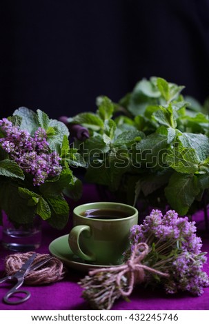 Bouquet of fragrant herbs. Mint and thyme. The style of the dark photo. Selective focus.
