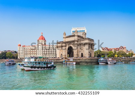The Gateway of India and boats as seen from the Mumbai Harbour in Mumbai, India Royalty-Free Stock Photo #432255109