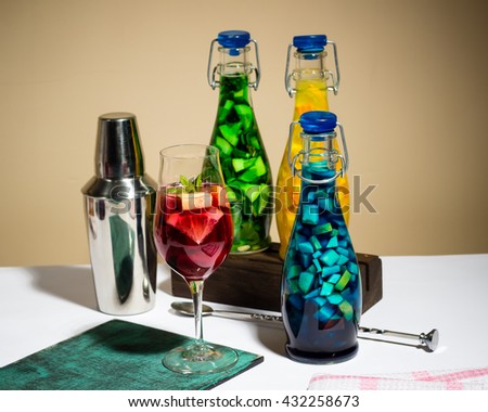 bright color fruit painted cocktails, lemonade, bar shaker, studio photo