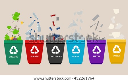 Recycle garbage bins. Separation concept. Set waste: plastic, organic, battery, glass, metal, paper. Trash categories. Royalty-Free Stock Photo #432261964