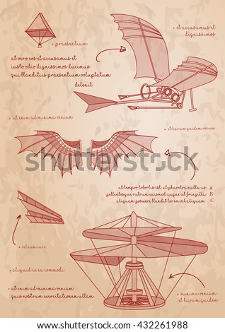 Leonardo da Vinci sketch. Designs for flying machines. Leonardo da Vinci's ornithopter design. An oldest  parachute. Vector illustration. Royalty-Free Stock Photo #432261988