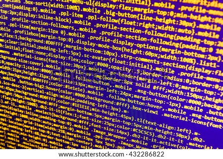 Source code photo.  Web site codes on computer monitor. Website development. Programmer developer screen. Programming code on computer screen. Programmer occupation. Software source code. 
