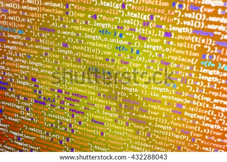 
Programming code on computer screen. Developer working on software codes in office. Website development.  Web site codes on computer monitor. Source code photo.  Computer program. 

