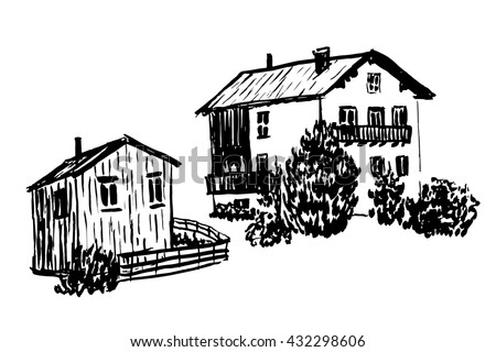 drawing elements set of isolates two wooden Alpine huts, the house and barn sketch hand-drawn vector illustration
