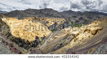 Panirama of yellow geological formations near Lamayuru is also called the Yuru Gompa (monastery) - Tibet, Kargil District, Leh district, Western Ladakh, Himalayas, Jammu and Kashmir, Northern India