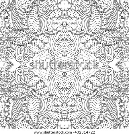 Tracery monochrome binary pattern. Mehendi symmetry carpet design. Ethnic colorful doodle texture. Indifferent discreet. Black and white. Curved doodling mehndi motif. Vector.