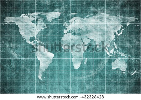 world map on old blueprint background texture. Technical backdrop paper. Concept Technical / Industrial / Business / Engineering / Map / World