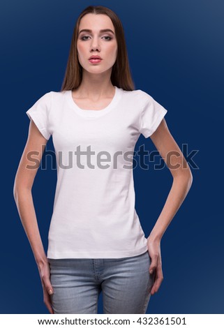 girl in a white shirt on a blue background