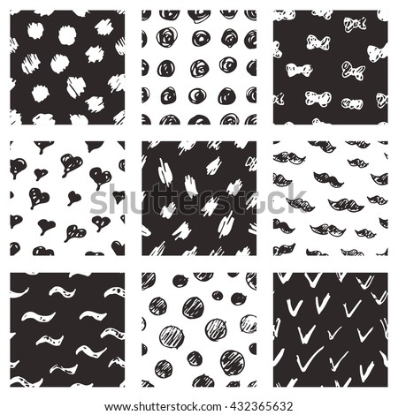 Set of hand drawn pattern with arrow, stripe, line, circle. Seamless pattern. Pencil sketch. Vector abstract texture and background.