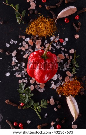 fresh peppers of different colors with pink salt, garlic, ground spices, dill, parsley, thyme on the stone. burning spices. Background  view from above. picture with vintage processing in low key