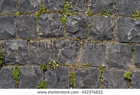 Old wall of grey stones texture background with green grass