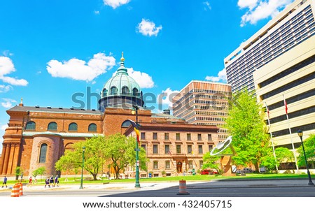 Cathedral Basilica of Saints Peter and Paul in Philadelphia, in Pennsylvania, USA. It is also called as Roman Catholic Archdiocese of Philadelphia. Tourists in the street.