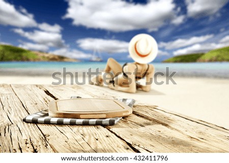 slim woman in bikini on hot sand and sea landscape with blue napkin kitchen desk and ocean decoration 