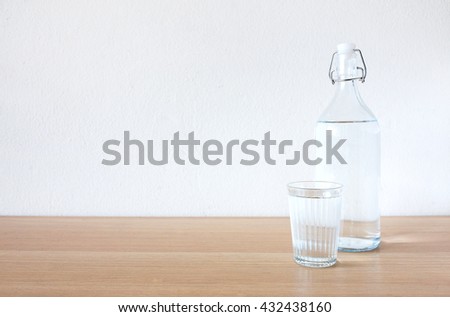 A Glass and a Bottle of water on the wood table