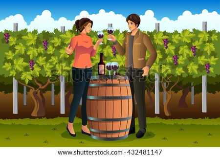 A vector illustration of couple drinking wine in vineyard